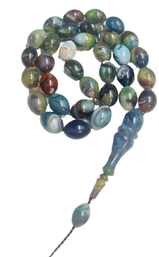 Collectible Dry Lathe Handmade Masterwork 12X9 MM Sized Sequential Pen System Handmade Moire Prayer Beads Shaved from Old French Galilite Material (BLUE-GREEN)