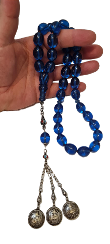 DEV BOY, Özel Kadife Kutusunda, 106 Gram, 14x18 mm, 49 cm, Şeffaf Çubuk Malzeme Ateş, Kolleksiyonluk Tespih, El yapımı Usta İşi Eski Usül Kuru Torna Yapımı Kolleksiyonluk Tespih (LACİVERT)