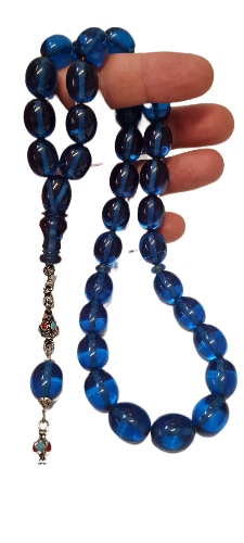 GIANT SIZE, Special Velvet Box, 106 Grams, 14x18 mm, 49 cm, Transparent Rod Material Fire, Collector's Prayer Beads, Handmade Masterwork Old Style Dry Lathe Made Collector's Prayer Beads (NAVY BLUE)