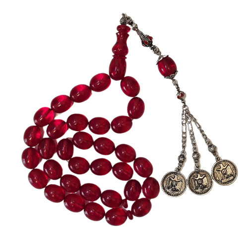 GIANT SIZE, Special Velvet Box, 106 Grams, 14x18 mm, 49 cm, Transparent Rod Material Fire, Collector's Prayer Beads, Handmade Masterwork Old Style Dry Lathe Made Collector's Prayer Beads (RED)