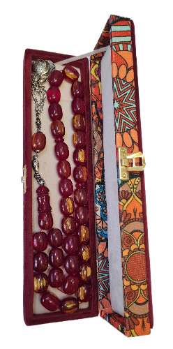 Katalin Tesbih, 150 Gram, 15x20 mm, 56 Santim, Eski Döküm Çubuk, Koleksiyonluk, El İşçiliği, Kadife Kutulu, Hardal Rengi (VİŞNE)