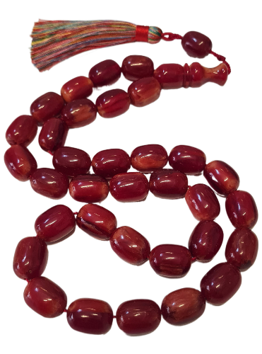 Handmade Katalin Prayer Beads, 52 Centimeters, 118 Grams, 15x20 mm, Mustard Color Tassel, Masterwork Dry Lathe, Collectible, Velvet Box (MIXED COLOR TASSEL DARK CHERRY COLOR)