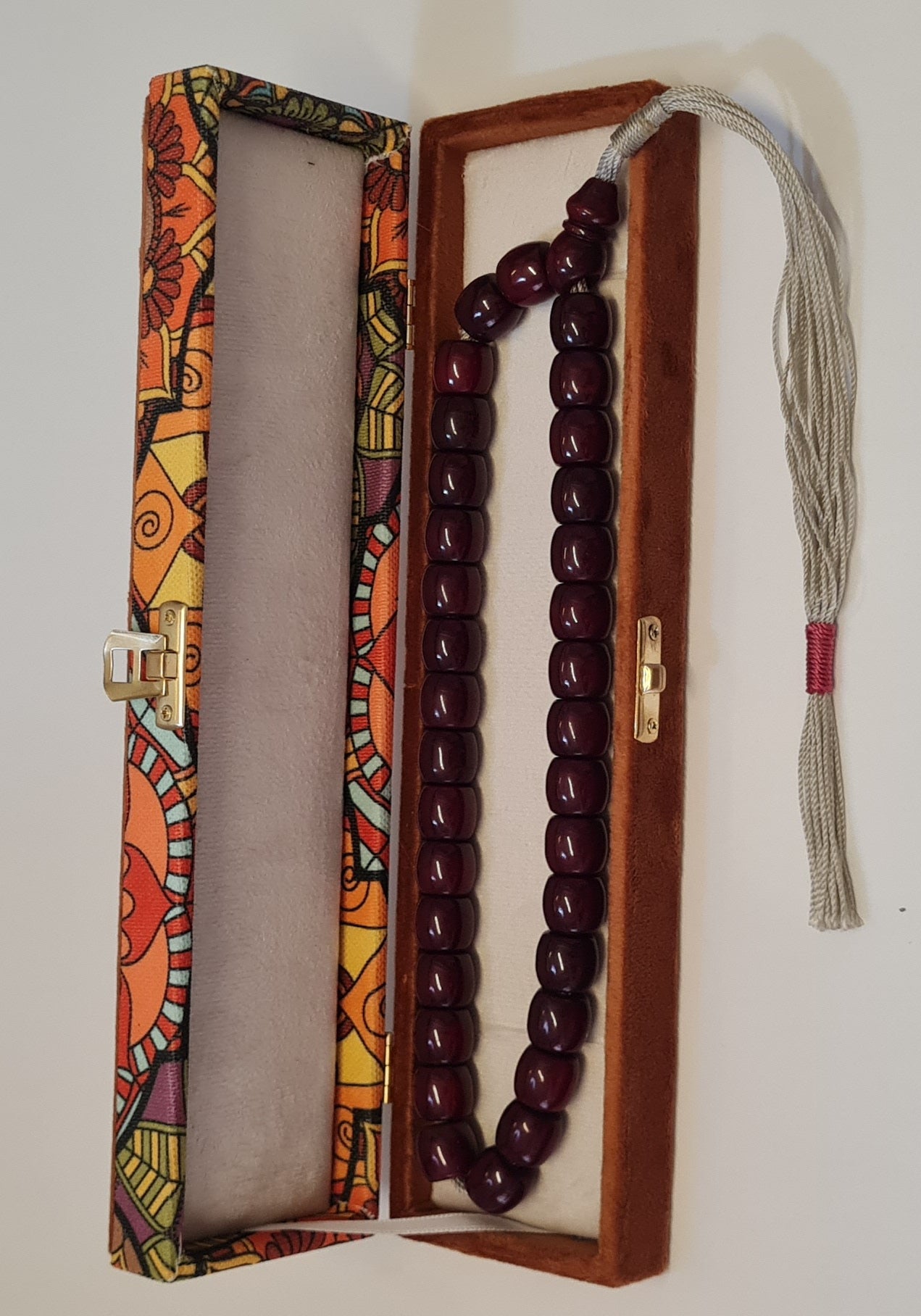 Antika El Yapımı Katalin Tesbih,Özel Kadife Kutulu, 33 Habbe, 88 Gram, 15x14 mm, Eski Döküm, Usta İşi Kuru Torna (KIRMIZI PÜSKÜLLÜ)