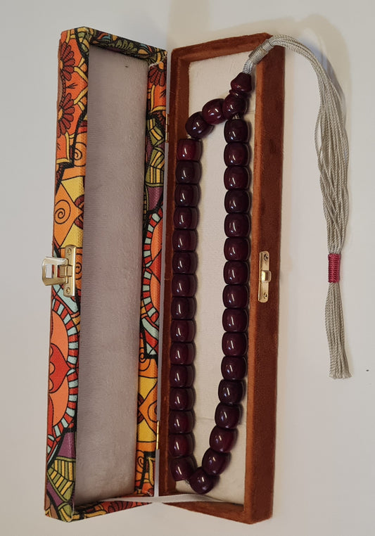 Antique Handmade Katalin Prayer Beads, Special Velvet Box, 33 Beads, 88 Grams, 15x14 mm, Old Casting, Masterwork Dry Lathe (RED TASSEL)