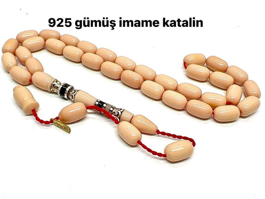 7 X 11 mm 34 cm Eski döküm Fransız Galilit Katalin Malzeme Usta Yapımı Kuru El tornası Mükemmel Kolleksiyonluk Tespih Usta İmzalı Gümüş Nakkaş İşlemeli İmame
