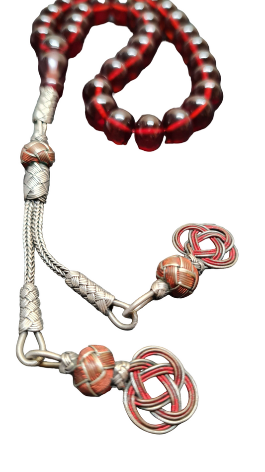 Antique German Dice Red Collectible Prayer Beads, 26 Grams, Silver Kazaziye Tassel, Handmade Collectible