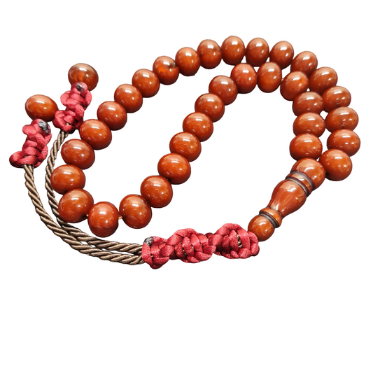 Antique Reddish Brown Prayer Beads, 35 cm Length, 13x11 mm Beads, 52 gr, Red Knitted Tassel, Handmade