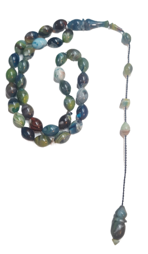 Collectible Dry Lathe Handmade Masterwork 12X9 MM Sized Sequential Pen System Handmade Moire Prayer Beads Shaved from Old French Galilite Material (BLUE-GREEN)