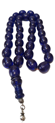 DEV BOY, Özel Kadife Kutusunda, 106 Gram, 14x18 mm, 49 cm, Şeffaf Çubuk Malzeme Ateş, Kolleksiyonluk Tespih, El yapımı Usta İşi Eski Usül Kuru Torna Yapımı Kolleksiyonluk Tespih (MAVİ)