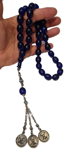 DEV BOY, Özel Kadife Kutusunda, 106 Gram, 14x18 mm, 49 cm, Şeffaf Çubuk Malzeme Ateş, Kolleksiyonluk Tespih, El yapımı Usta İşi Eski Usül Kuru Torna Yapımı Kolleksiyonluk Tespih (MAVİ)