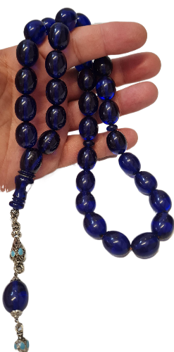 DEV BOY, Özel Kadife Kutusunda, 106 Gram, 14x18 mm, 49 cm, Şeffaf Çubuk Malzeme Ateş, Kolleksiyonluk Tespih, El yapımı Usta İşi Eski Usül Kuru Torna Yapımı Kolleksiyonluk Tespih (MAVİ)