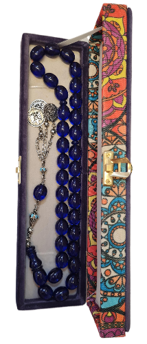 DEV BOY, Özel Kadife Kutusunda, 106 Gram, 14x18 mm, 49 cm, Şeffaf Çubuk Malzeme Ateş, Kolleksiyonluk Tespih, El yapımı Usta İşi Eski Usül Kuru Torna Yapımı Kolleksiyonluk Tespih (MAVİ)