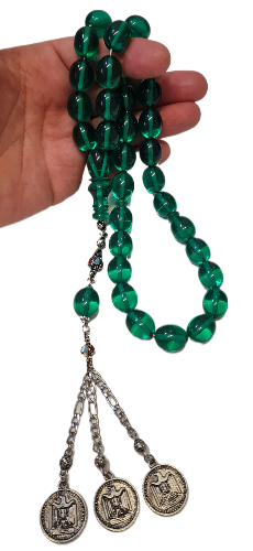 DEV BOY, Özel Kadife Kutusunda, 106 Gram, 14x18 mm, 49 cm, Şeffaf Çubuk Malzeme Ateş, Kolleksiyonluk Tespih, El yapımı Usta İşi Eski Usül Kuru Torna Yapımı Kolleksiyonluk Tespih (YEŞİL)