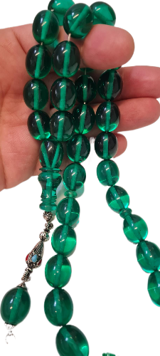 DEV BOY, Özel Kadife Kutusunda, 106 Gram, 14x18 mm, 49 cm, Şeffaf Çubuk Malzeme Ateş, Kolleksiyonluk Tespih, El yapımı Usta İşi Eski Usül Kuru Torna Yapımı Kolleksiyonluk Tespih (YEŞİL)