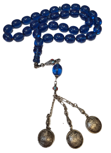 DEV BOY, Özel Kadife Kutusunda, 106 Gram, 14x18 mm, 49 cm, Şeffaf Çubuk Malzeme Ateş, Kolleksiyonluk Tespih, El yapımı Usta İşi Eski Usül Kuru Torna Yapımı Kolleksiyonluk Tespih (LACİVERT)