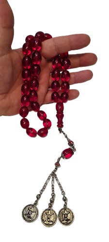 DEV BOY, Özel Kadife Kutusunda, 106 Gram, 14x18 mm, 49 cm, Şeffaf Çubuk Malzeme Ateş, Kolleksiyonluk Tespih, El yapımı Usta İşi Eski Usül Kuru Torna Yapımı Kolleksiyonluk Tespih (KIRMIZI)