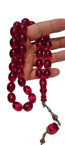 DEV BOY, Özel Kadife Kutusunda, 106 Gram, 14x18 mm, 49 cm, Şeffaf Çubuk Malzeme Ateş, Kolleksiyonluk Tespih, El yapımı Usta İşi Eski Usül Kuru Torna Yapımı Kolleksiyonluk Tespih (KIRMIZI)