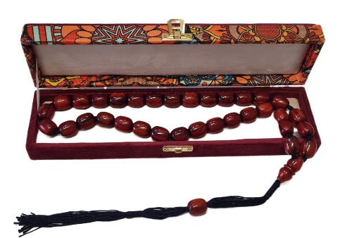 Koleksiyonluk Katalin Tespih, Özel Yapım, 33'lük, 110 Gram, 15x19 mm, 60 cm, Hardal Rengi, Kadife Kutulu