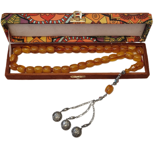 Katalin Tespih, 33'lük, 126 Gram, 15x16 mm, 52 cm, El Yapımı Koleksiyonluk, Hardal Rengi, Alpaka Zincirli