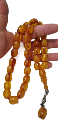 Katalin Tesbih, 150 Gram, 15x20 mm, 56 Santim, Eski Döküm Çubuk, Koleksiyonluk, El İşçiliği, Kadife Kutulu, Hardal Rengi (HARDAL)