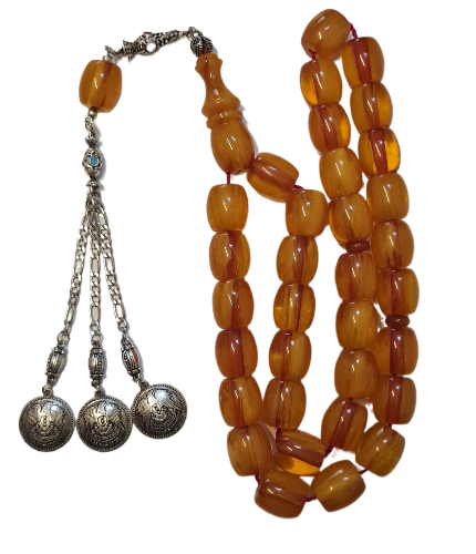 Katalin Tespih, 33'lük, 126 Gram, 15x16 mm, 52 cm, El Yapımı Koleksiyonluk, Hardal Rengi, Alpaka Zincirli