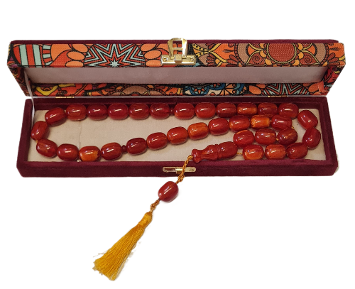 El Yapımı Katalin Tespih, 52 Santim, 118 Gram, 15x20 mm, Hardal Renk Püsküllü, Usta İşi Kuru Torna, Koleksiyonluk, Kadife Kutulu (SARI PÜSKÜL VİŞNE RENK)