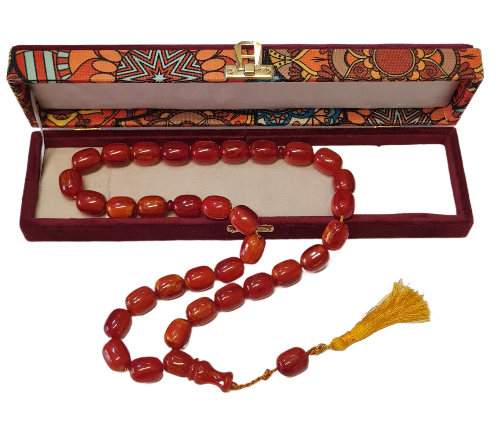 El Yapımı Katalin Tespih, 52 Santim, 118 Gram, 15x20 mm, Hardal Renk Püsküllü, Usta İşi Kuru Torna, Koleksiyonluk, Kadife Kutulu (SARI PÜSKÜL VİŞNE RENK)