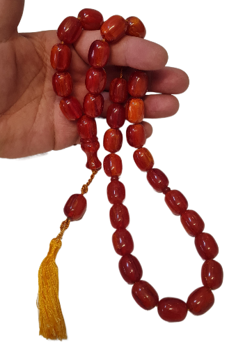 El Yapımı Katalin Tespih, 52 Santim, 118 Gram, 15x20 mm, Hardal Renk Püsküllü, Usta İşi Kuru Torna, Koleksiyonluk, Kadife Kutulu (SARI PÜSKÜL VİŞNE RENK)