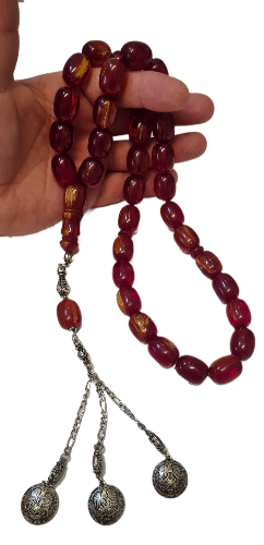 Katalin Tesbih, 150 Gram, 15x20 mm, 56 Santim, Eski Döküm Çubuk, Koleksiyonluk, El İşçiliği, Kadife Kutulu, Hardal Rengi (VİŞNE)