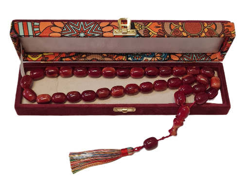 El Yapımı Katalin Tespih, 52 Santim, 118 Gram, 15x20 mm, Hardal Renk Püsküllü, Usta İşi Kuru Torna, Koleksiyonluk, Kadife Kutulu (KARIŞIK RENK PÜSKÜL KOYU VİŞNE RENK)