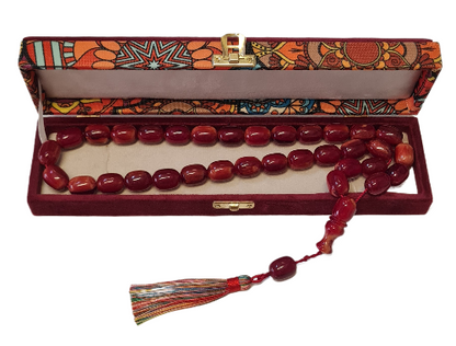 El Yapımı Katalin Tespih, 52 Santim, 118 Gram, 15x20 mm, Hardal Renk Püsküllü, Usta İşi Kuru Torna, Koleksiyonluk, Kadife Kutulu (KARIŞIK RENK PÜSKÜL KOYU VİŞNE RENK)
