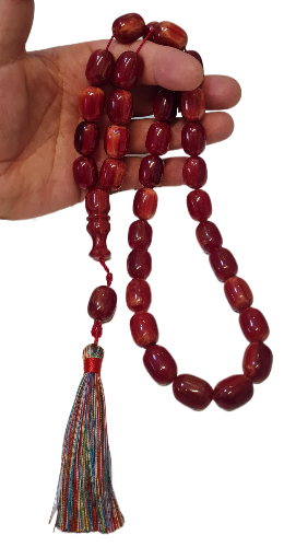 El Yapımı Katalin Tespih, 52 Santim, 118 Gram, 15x20 mm, Hardal Renk Püsküllü, Usta İşi Kuru Torna, Koleksiyonluk, Kadife Kutulu (KARIŞIK RENK PÜSKÜL KOYU VİŞNE RENK)