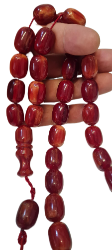 El Yapımı Katalin Tespih, 52 Santim, 118 Gram, 15x20 mm, Hardal Renk Püsküllü, Usta İşi Kuru Torna, Koleksiyonluk, Kadife Kutulu (KARIŞIK RENK PÜSKÜL KOYU VİŞNE RENK)