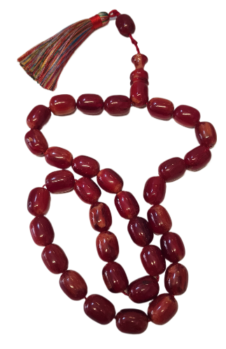 El Yapımı Katalin Tespih, 52 Santim, 118 Gram, 15x20 mm, Hardal Renk Püsküllü, Usta İşi Kuru Torna, Koleksiyonluk, Kadife Kutulu (KARIŞIK RENK PÜSKÜL KOYU VİŞNE RENK)