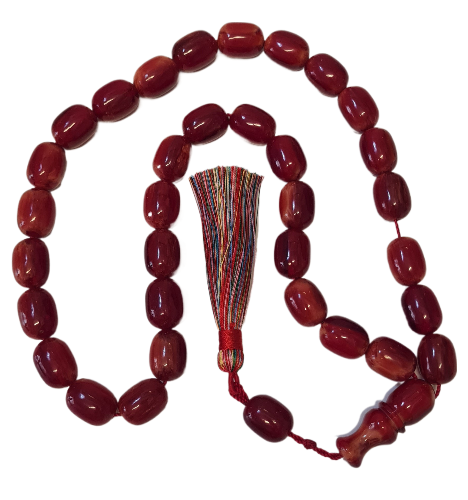 El Yapımı Katalin Tespih, 52 Santim, 118 Gram, 15x20 mm, Hardal Renk Püsküllü, Usta İşi Kuru Torna, Koleksiyonluk, Kadife Kutulu (KARIŞIK RENK PÜSKÜL KOYU VİŞNE RENK)