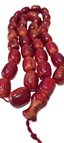 El Yapımı Katalin Tespih, 52 Santim, 118 Gram, 15x20 mm, Hardal Renk Püsküllü, Usta İşi Kuru Torna, Koleksiyonluk, Kadife Kutulu (KARIŞIK RENK PÜSKÜL KOYU VİŞNE RENK)