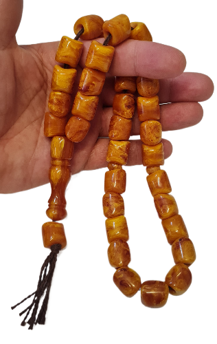 Koleksiyonluk Katalin Tespih, 101 Gram, 14x15 mm Habbe, 39 cm, Hardal Renk, Özel Kadife Kutulu