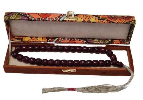 Antika El Yapımı Katalin Tesbih,Özel Kadife Kutulu, 33 Habbe, 88 Gram, 15x14 mm, Eski Döküm, Usta İşi Kuru Torna (SİYAH PÜSKÜLLÜ)