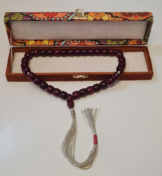 Antique Handmade Katalin Prayer Beads, Special Velvet Box, 33 Beads, 88 Grams, 15x14 mm, Old Casting, Masterwork Dry Lathe (RED TASSEL)