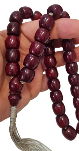Antika El Yapımı Katalin Tesbih,Özel Kadife Kutulu, 33 Habbe, 88 Gram, 15x14 mm, Eski Döküm, Usta İşi Kuru Torna (SİYAH PÜSKÜLLÜ)