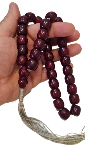 Antika El Yapımı Katalin Tesbih,Özel Kadife Kutulu, 33 Habbe, 88 Gram, 15x14 mm, Eski Döküm, Usta İşi Kuru Torna (SİYAH PÜSKÜLLÜ)