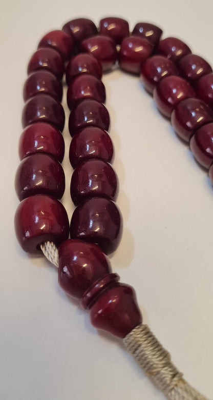 Antika El Yapımı Katalin Tesbih,Özel Kadife Kutulu, 33 Habbe, 88 Gram, 15x14 mm, Eski Döküm, Usta İşi Kuru Torna (KIRMIZI PÜSKÜLLÜ)