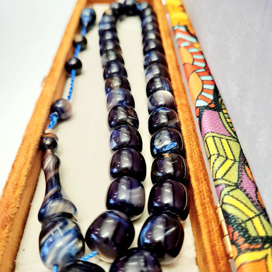 Collectible Katalin Prayer Beads, Handmade, 33 Beads, Moire Large Beads, 19x18 mm, 81 Gr, 44 cm, Special Velvet Box