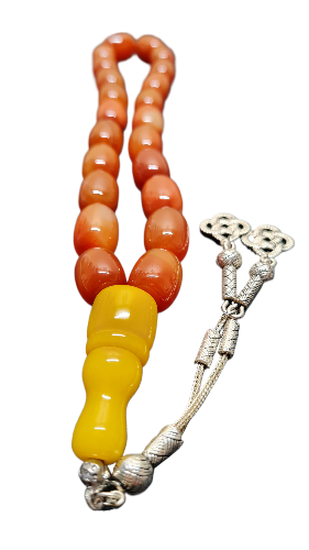 100% YEMEN Agate Stone 19 X 14 mm, 137 Gr, 35 Cm, ​​Giant Size, Katalin Imame and Master Dry Lathe Handmade Silver Tassel Large Collectible Agate Prayer Beads