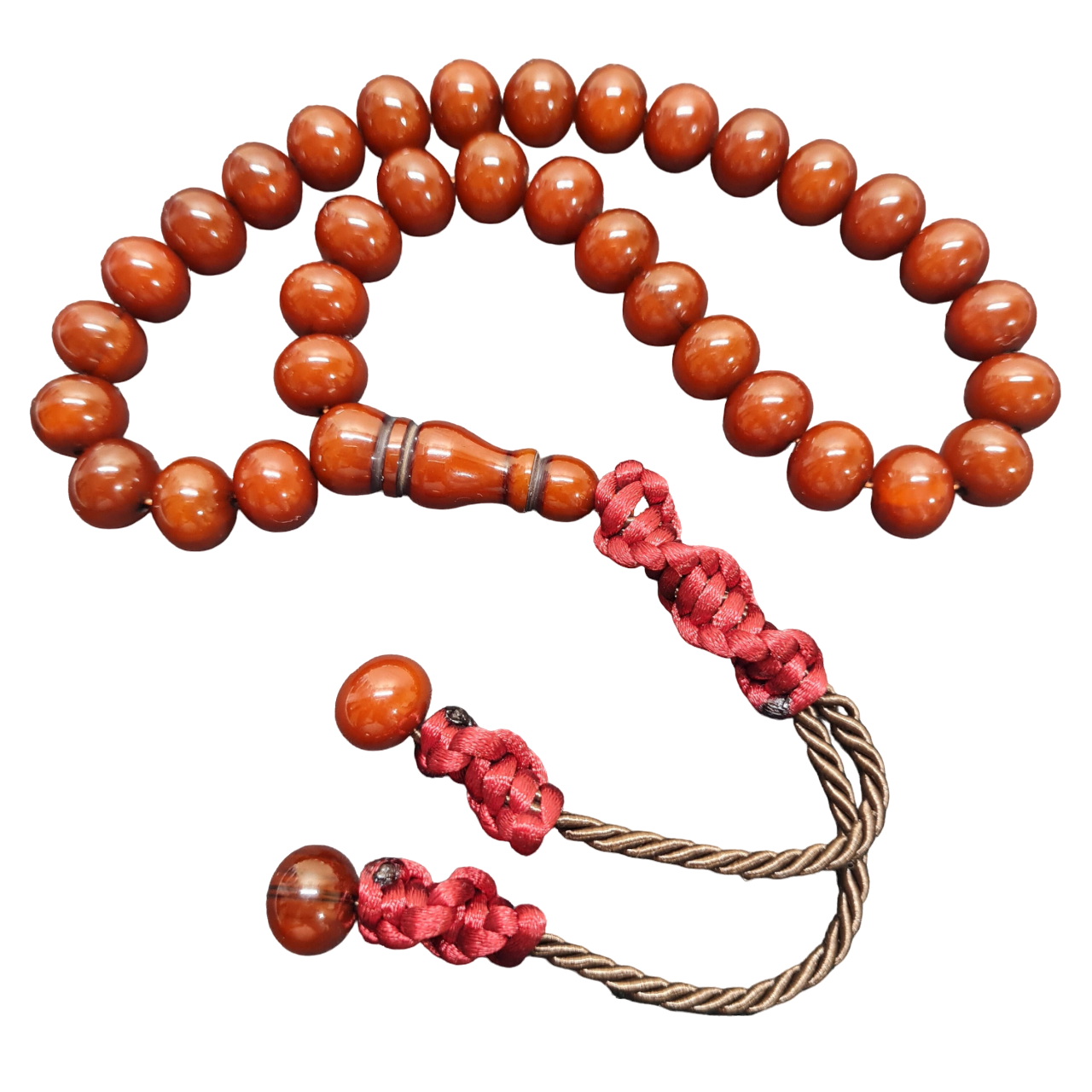 Antik Kızılımsı Kahverengi Tesbih, 35 cm Uzunluk, 13x11 mm Boncuk, 52 gr, Kırmızı Örgü Püsküllü, El Yapımı