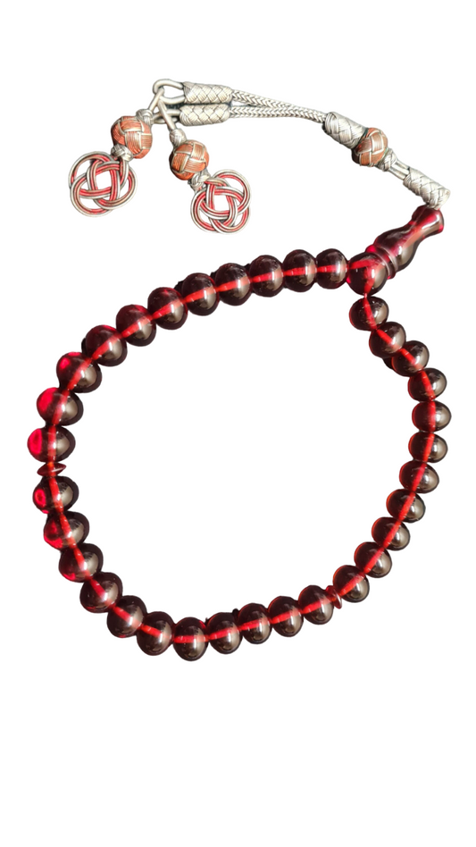 Antique German Dice Red Collectible Prayer Beads, 26 Grams, Silver Kazaziye Tassel, Handmade Collectible