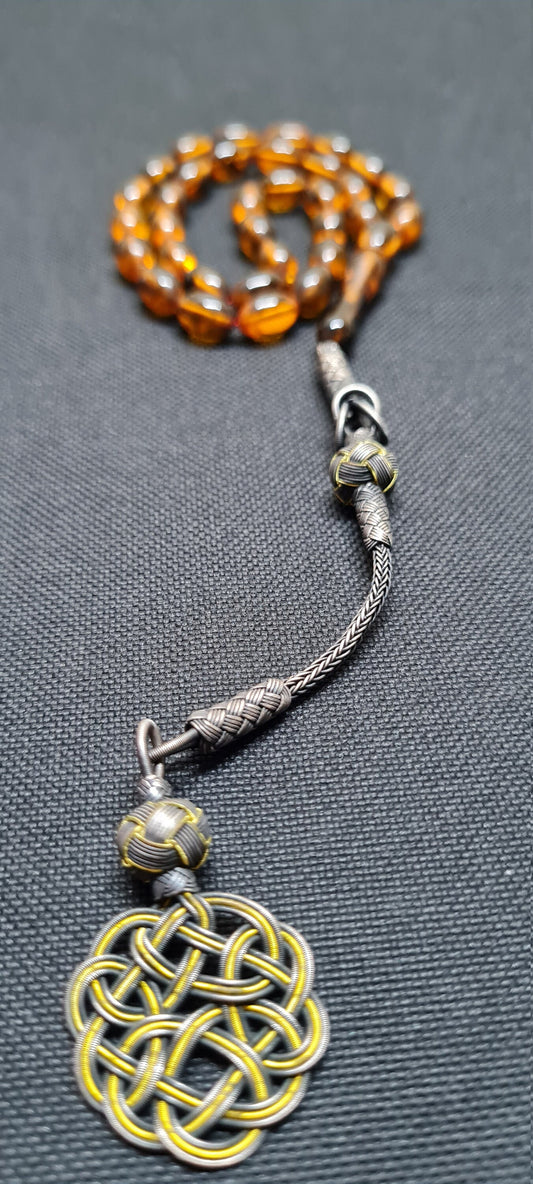 Eski Döküm Hareli Alman Zarı kolleksiyonluk Tesbih, 7x10mm, 20 Gr, El Yapımı Kuru Torna, Gümüş Örgü Püsküllü