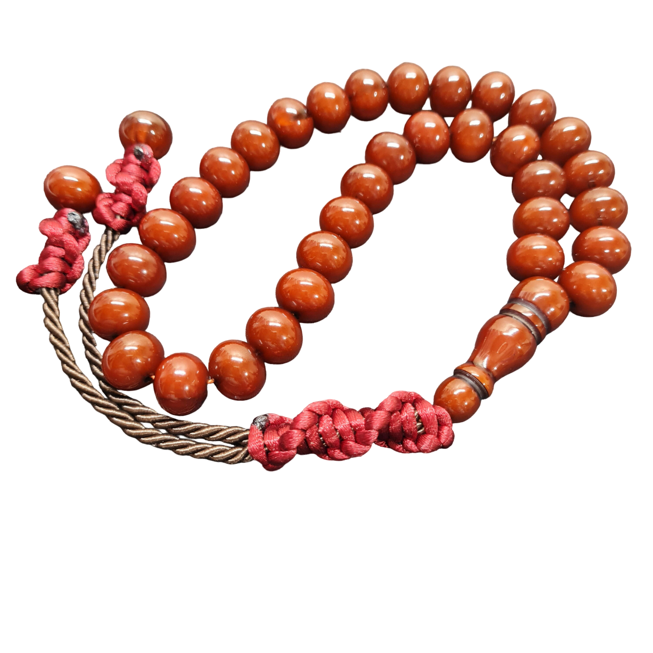 Antik Kızılımsı Kahverengi Tesbih, 35 cm Uzunluk, 13x11 mm Boncuk, 52 gr, Kırmızı Örgü Püsküllü, El Yapımı