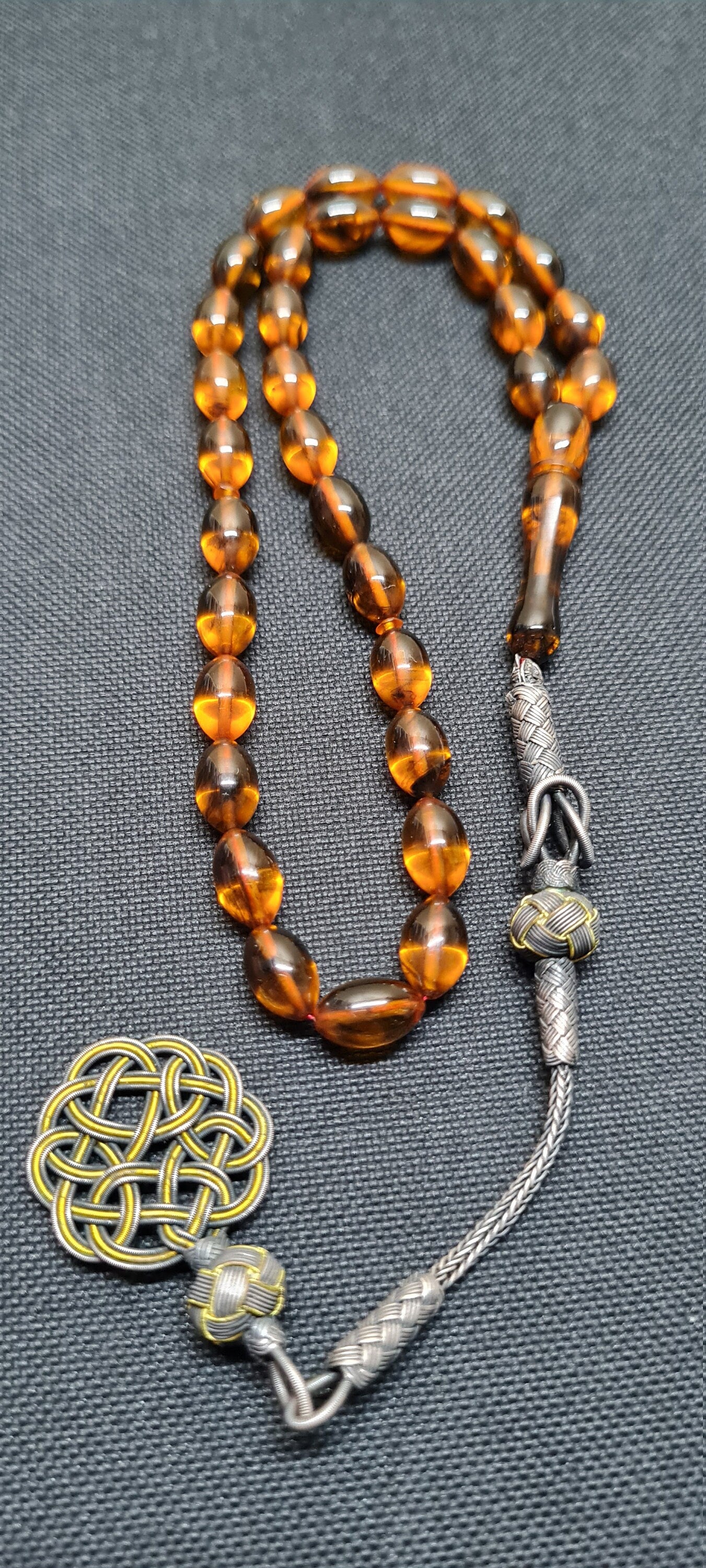 Eski Döküm Hareli Alman Zarı kolleksiyonluk Tesbih, 7x10mm, 20 Gr, El Yapımı Kuru Torna, Gümüş Örgü Püsküllü